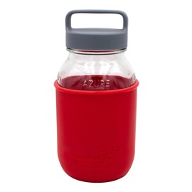 Regular Mouth Mason Jar Water Bottle Set - 32oz Azure Glass Jar with Silicone Sleeve and Gray Plastic Handle/Canister Lid (Cherry Red)