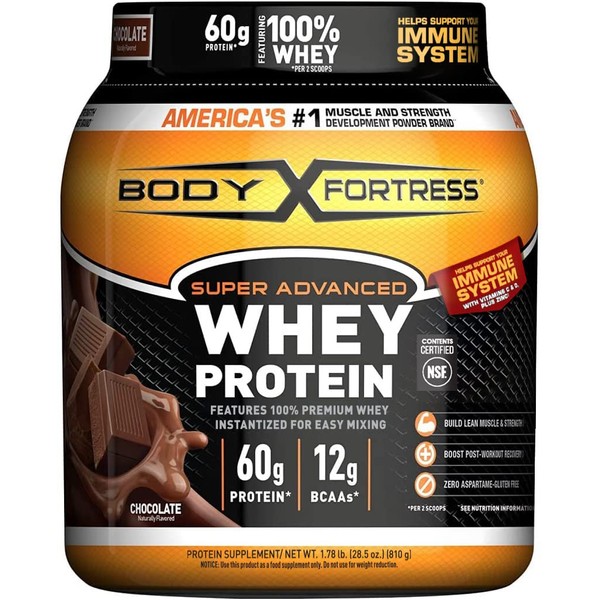 Body Fortress Super Advanced Whey Protein Powder, Chocolate, Immune Support (1), Vitamins C & D Plus Zinc, 1.78 lbs
