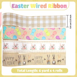 Easter Wired Edge Ribbon Farmhouse Easter Bunny Burlap Ribbons 2.5" Plaid Rustic Peeps Wired Ribbon for Easter Holiday Gift Wrapping Wreath Bow Decor DIY Craft, 24 Yards