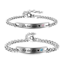Zysta Adjustable Couple Bracelet with Engraving Cubic Zirconia Couple Bracelets Stainless Steel Gift for Men and Women (Du bist mein, Ich bin dein)