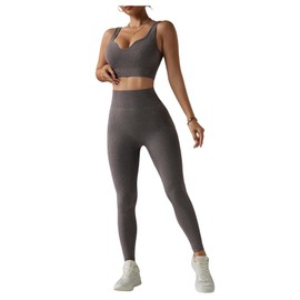 SHENHE Women's 2 Piece Workout Sets Seamless V Neck Gym Solid Color Sport Active Set Coffee Brown Small