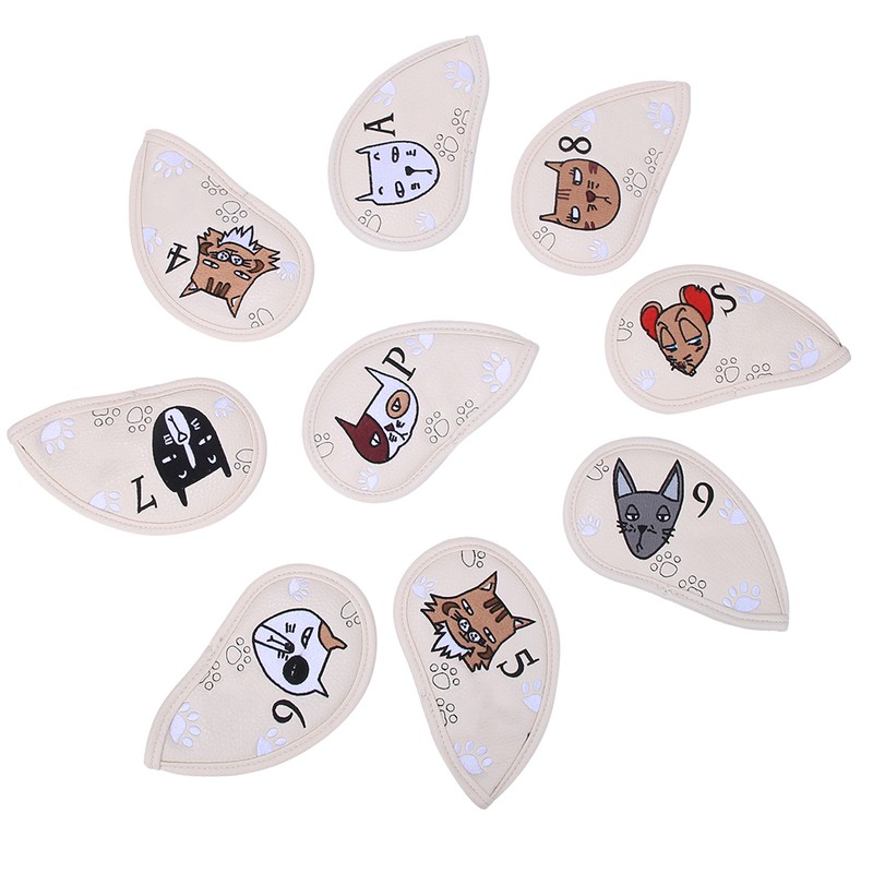 9PCS PU Leather Embroidery Waterproof Golf Putter Head Cover Iron