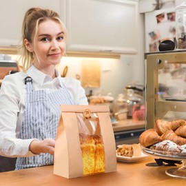 100 Pcs Paper Bread Bags for Homemade Bread, Kraft Sourdough Bread Bags with Window, Sourdough Storage Bread Bags for Bread Packaging includes 100 Pcs Cute Seal Stickers