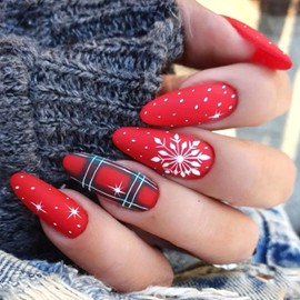TULOBI Christmas Press on Nails Almond Medium Length Fake Nails Red Christmas False Nails with Snowflake Polka Dots Designs Stick on Nails for Women 24Pcs