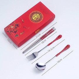 Chaungfu Portable Cutlery Set Reusable Travel Utensils, Stainless Steel Flatware Set, Camping Silverware with Case,3 Pcs Tableware, red peony Metal Chopsticks Spoon & Fork gift box Multicolor, 21x10