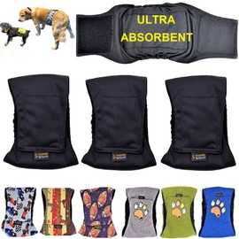 Pack of 3 or 6 Male Dog Diapers 4 - Layers of Absorbent Pads Waterproof Leak Proof Belly Band Wrap Washable (L: Waist 16" - 20", Pack of 3 Black)