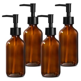 RYTOXILO 8oz Amber Glass Soap Dispenser 4 Pack, Brown Glass Bottle with Pump, Refillable Round Hand Soap Dispensers Bathroom for Soap, Lotion, Oil, Shampoo