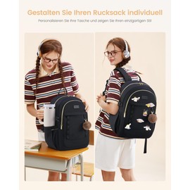 LOVEVOOK Women's School Backpack Girls Teenagers with Plush Pendant 15.6 Inch Laptop School Bag, Lightweight School Bag, Large Casual School Bag for School, University, Black