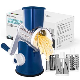 X Home Rotary Cheese Grater for Kitchen, Shredder with 3 Interchangeable Blades, Rotary Grater with Handle and Strong Suction Base, for Vegetables, Fruit, Nuts, Easy to Use and Clean, Dark Blue