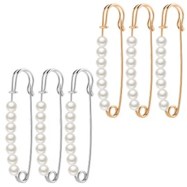 6 Pcs Faux Pearl Brooch Pins Decorative Safety Pins Pants Clips to Tighten Waist Sweater Shawl Clips Large Shawl Pins for Women Clothing Dress Pants Skirt Accessories Waist Extender Decoratine Pins