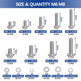 240 Pcs M6-1.0 M8-1.25 Flange Hex Head Bolts Nuts Washers Kit, 304 Stainless Steel Metric Flanged Hex Screws, M6 X 12-30mm and M8 X 16-30mm Fully Threaded
