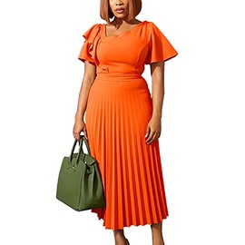 AOMEI Women's Orange Short Sleeve Asymmetrical Ruffles High Waist Pleated Hem Midi Spring Dress (1XL,X-Large)