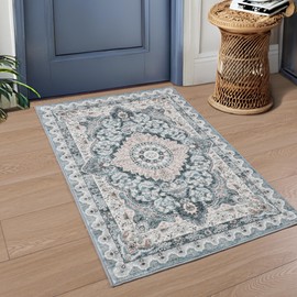 Foxmas Small Rugs for Entryway 2x3 Feet, Non-Slip Doormat Indoor Entrance Vintage Washable Area Rug, Low Pile Throw Rugs for Entryway Bedroom Kitchen Living Room, Blue