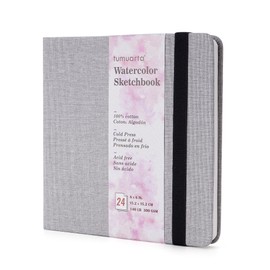 tumuarta Watercolour Sketchbook, 15 x 15 cm, 300 g/m², 100% Cotton Paper, Cold Pressed, 24 Sheets, 48 Pages, Watercolour Journal for Use as Travel Sketchbook and Mixed Media Notepad (Grey)