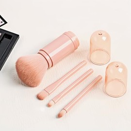 Brochas para Maquillaje - Juego de Brochas de Maquillaje, Brocha para Quitar el Polvo de Uñas, Portátil Retráctil con Tapa, Cepillo de Cerdas de Fibra para Sombra de Ojos, Base, Rubor, Paquete de 4(Rosa)
