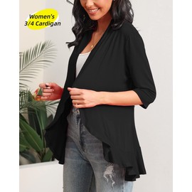 Argstar Women's Cardigans, Lightweight Casual Open Front Soft Draped Ruffles 3/4 Sleeve Black M