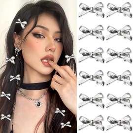 SAWINDA 12PCS Silver Metal Small Bows for Hair Mini Hair Bows Cute Bow Hair Clips for Women Girls Non-Slip Alligator Clips Tiny Bowknot Hair Barrettes Y2K Hair Clips Accessories for Daily Wedding