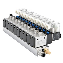 Baomain 10 Station Solenoid Valve Manifold, 110V AC 3 Way 2 Position Pneumatic Air Valve, Ten Solenoid, 1/4" PT Port, Includes Manifold Base & Mufflers, 3V210-08