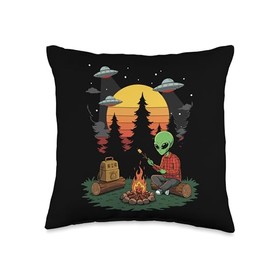 Funny Extraterrestrial Roasting Marshmallows Campfire Sunset Throw Pillow