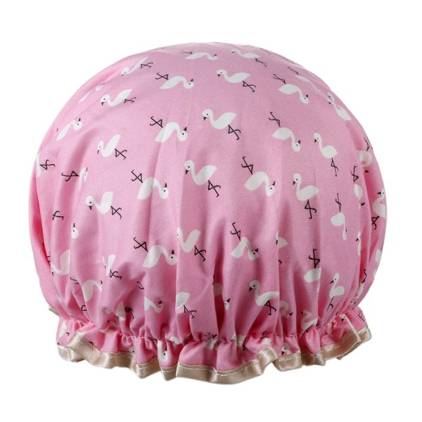 Vtrem Shower Cap Lined Double Layer Waterproof Hair Bath Caps with Lace Elastic Band Lovely Pink Flamingo Pattern Reusable Bathing Hat for Women All Hair Lengths and Thicknesses