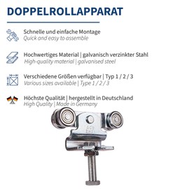 ATTAS Double Roller Device Type 1 Drive Height Adjustable for Steel Runners Sliding Gate Barn Door Castors Profile Type 1 Wheels for Sliding Door Fitting Trolley MEA Gate Rails 35 x 40 cm