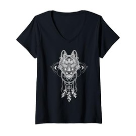 Womens Wolf, dream catcher, magic figures, boho bohemian V-Neck T-Shirt