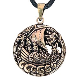 Kiss of Leather Bronze Viking Ship Pendant with Cotton Cord, Bronze