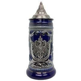 .6 Liter Cobalt Blue Germany Eagle Ceramic Stein Mug with Metal Medallion and Engraved Metal Lid