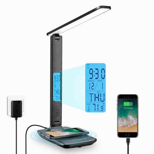 LAOPAO LED Desk Lamp with Wireless Charger, USB Charging Port, Adjustable & Foldable​ with Clock, Alarm, Date, Temperature, 5-Level Dimmable ​Lighting​, for Office with Adapter