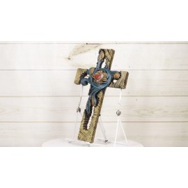 Rustic Southwest Faux Wooden Turquoise Flowers And Red Heart Wall Cross Cutout