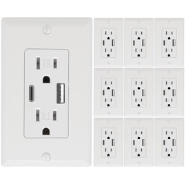10 Pack - POWAWINI Wall Outlet 15 Amp, UL Listed, USB C & USB A Port, Self-Test with LED Indicator, Tamper-Resistant Receptacle with Decor Wall Plates and Screws (White)