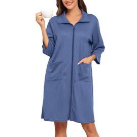 Lovasy Women's Waffle Pique Bathrobe with Zip 3/4 Sleeves Waffle Knit Lightweight Dressing Gown Knee-Length with Pockets, blue