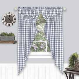 Woven Trends Farmhouse Curtains, Buffalo Plaid Curtain Shades, Gathered Swag Set, Classic Country Plaid Gingham Checkered Design, Farmhouse Décor, 72" x 63" Gathered Swag Pair (2-Pack), Gray