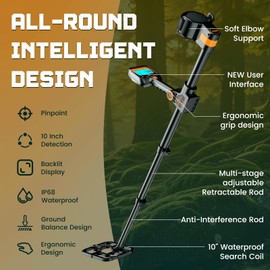 Metal Detector for Adults Waterproof - 2000mAh Chargeable Professional Cordless Gold Detector with LCD Display, Retractable Foldable Higher Accuracy Metal Detector with 10" IP68 Coil - Orange