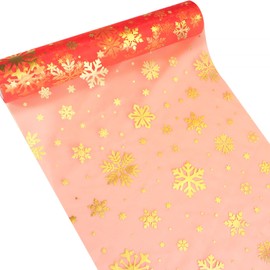 30 cm x 10 yards Organza Table Runner in Gold Silver Transparent Table Runner Table Decoration Organza Fabric Table Roll Gift for Christmas Advent Season Festive Party Decoration (Snowflakes - Red