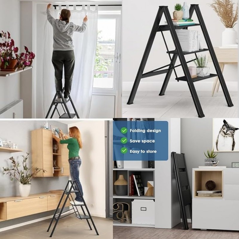 MAMIZO 3-Step Aluminum Step Ladder - Portable and Lightweight with