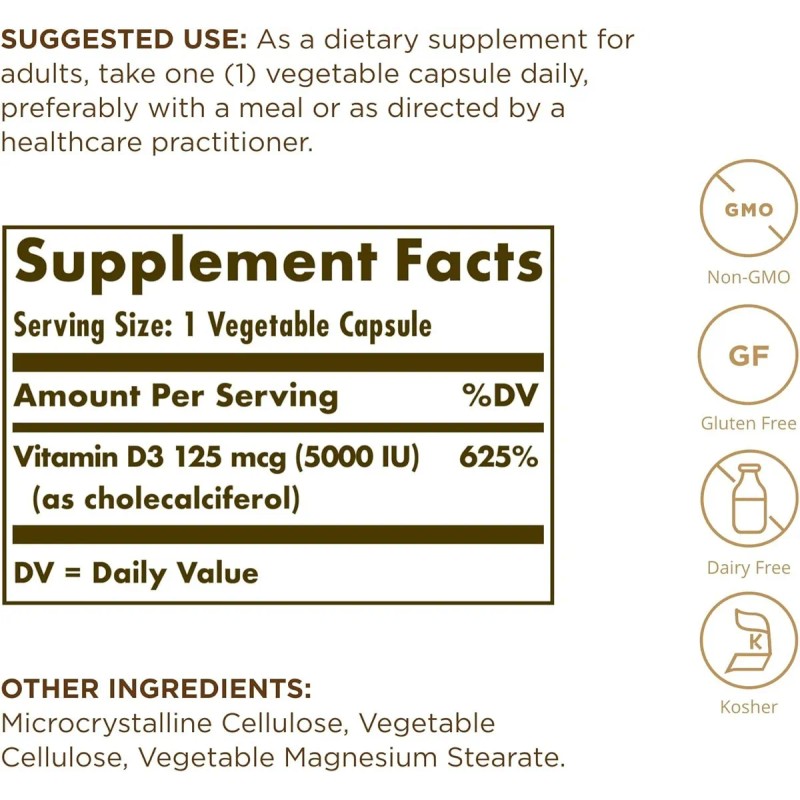 Vitamina D3, colecalciferol, 5000 UI, 100 cápsulas blandas