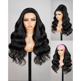 Megalook hair Headband Wig Human Hair 220% Density Body Wave Glueless Wigs No Lace Headband Half Wig, Black Wavy Drawstring Ponytail for Women Ponytail Extension 24 Inch