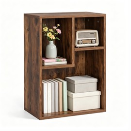 VECELO Wide Kids Staggered 3-Cube Bookshelf, Extra Large Freestanding Open Storage Organizer with Multi-Size Compartments for Large Hardcover Books,Toys & Decor,Ideal for Bedroom Playroom,Brown