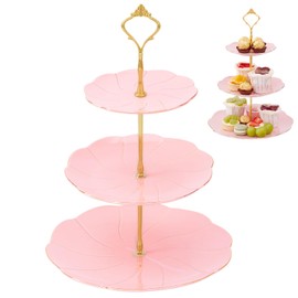 DUJUST Luxury Porcelain 3-Tier Cupcake Stand Tower, British Style Serving Tray with Golden Trim, Food Grade Dessert Display Stand, Beautiful Gift for Tea Party & Home Décor - Pink