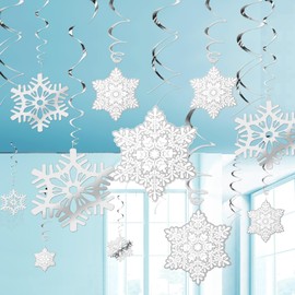 44 PCS Snowflake Christmas Hanging Swirl Decorations, Silver Snowflakes Plastic Streamers Glitter Ceiling Decor for Christmas Winter Holiday New Year Wonderland Party Decoration