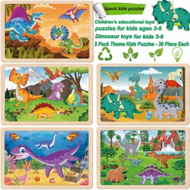 Wooden Puzzles Dinosaur Toys for Kids Ages 3-5, Set of 5 Packs with 30-Piece,Preschool Educational Brain Teaser Toys for Boys and Girls 3-8 Years Old