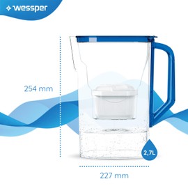 Wessper Water Filter Jug 2.7 L Compatible with Brita Maxtra for Fridge Door, Water Filter System to Reduce Limescale, Chlorine, Includes Water Filter Jug + Aquamax Water Filter, Blue