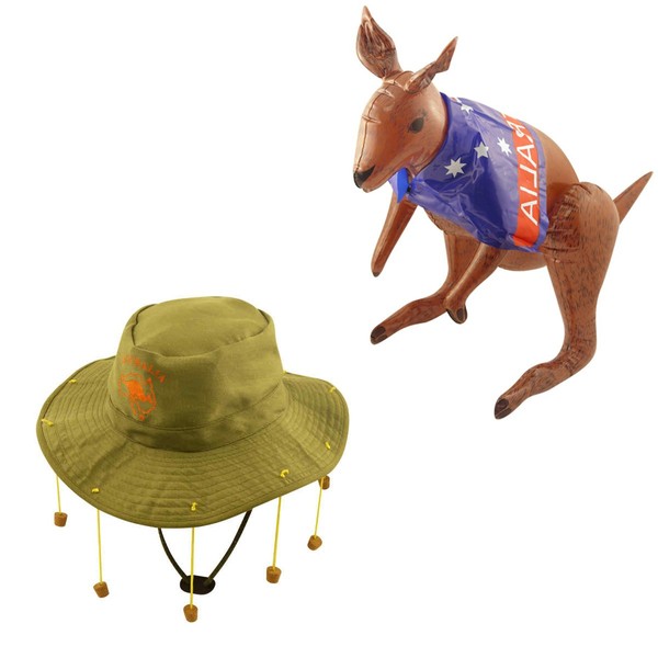 Wicked Fun® Adult Australian Cork Hat & Inflatable Kangaroo Aussie Australia Fancy Dress Kit