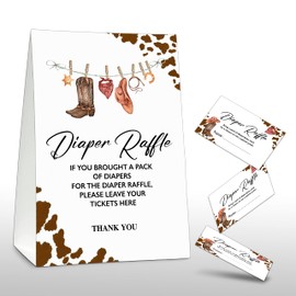 Diaper Raffle Party Games, Western Baby Shower Game, Rustic Country Western Themed Baby Gender Reveal Party Supplies & Activities -1 Double Sided Standing Sign + 50 Guessing Cards (A16)