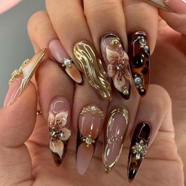 MERVF Long Stiletto Press on Nails Fake Nail Brown French Tip Almond Glue ons 3D Charms Flower Design Acrylic Gold Fall Manicure Leopard Art Glossy 24pcs