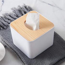 Joyzan Plastic Tissue Box, Napkin Box Facial Paper Dispenser Case Holder Storage Organizer with Removable Wood Cover Waterproof for Home Car Office Bathroom Vanity Countertops Decoration(Suqare)