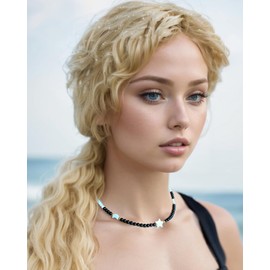 Wizock Black Agate/White Shell Beaded Necklace Moon and Star Necklaces for Women 4mm Crystals Choker Beach Surfer Jewelry
