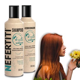 Kit Vegan Nefertiti Shampoo y Acondicionador sin Sales, sin Sulfatos y sin Parabenos, con Keratina Vegana y Aceite de Macadamia, Repara y Acondiciona el Cabello Dañado y Seco.