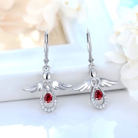 FJ Guardian Angel Dangle Drop Earrings 925 Sterling Silver Teardrop Leverback Ruby Earrings July Birthstone Jewelry Gifts for Women